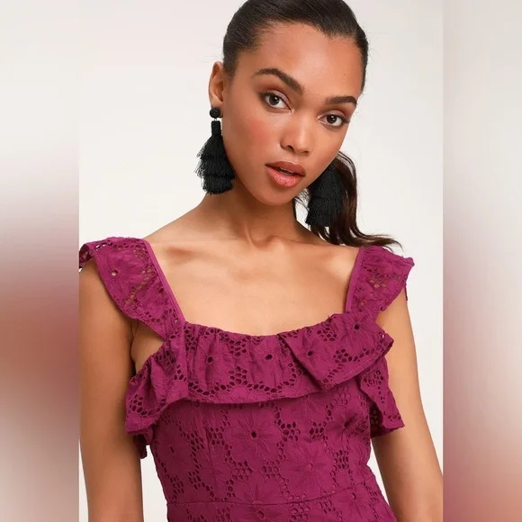 Lulu’s Biscay Ruffled Eyelet Lace Mini Dress Purple Cocktail Formal Womens S - Picture 4 of 10